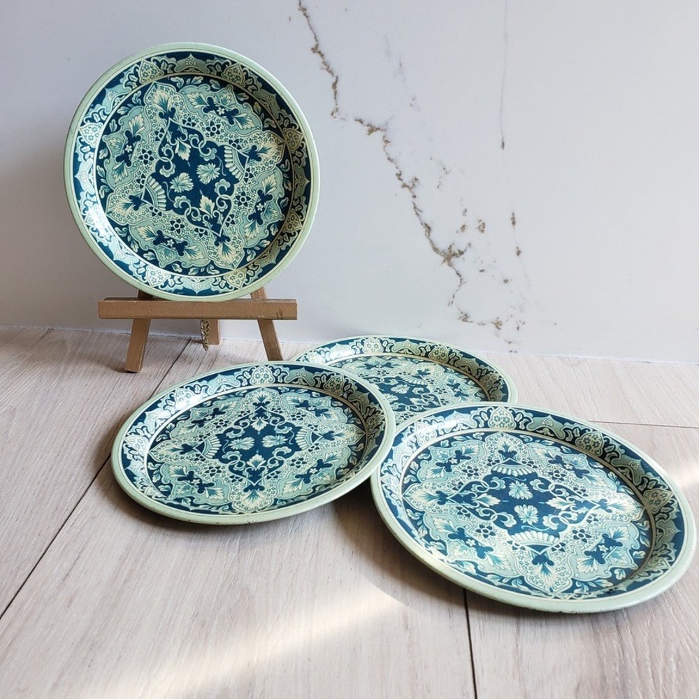 Vintage Delft‎ Holland Tin Plates Set of 4 Blue Dutch Metal Country Cottagecore
